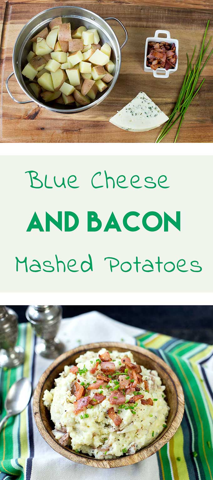 Blue Cheese and Bacon Mashed Potatoes-irresistably creamy potatoes with swirls of melted blue cheese and chunks of savory bacon.