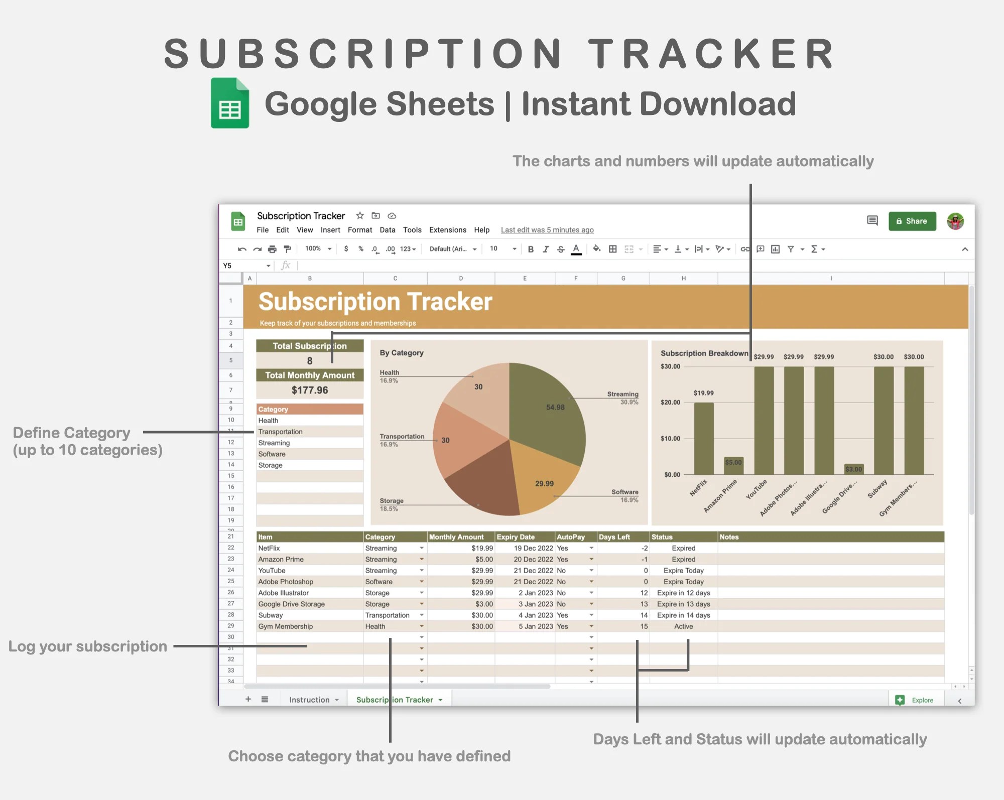 Google Sheets Subscription Tracker Boho Kjunstudio - Premium Space Pattern Gallery - Desktop