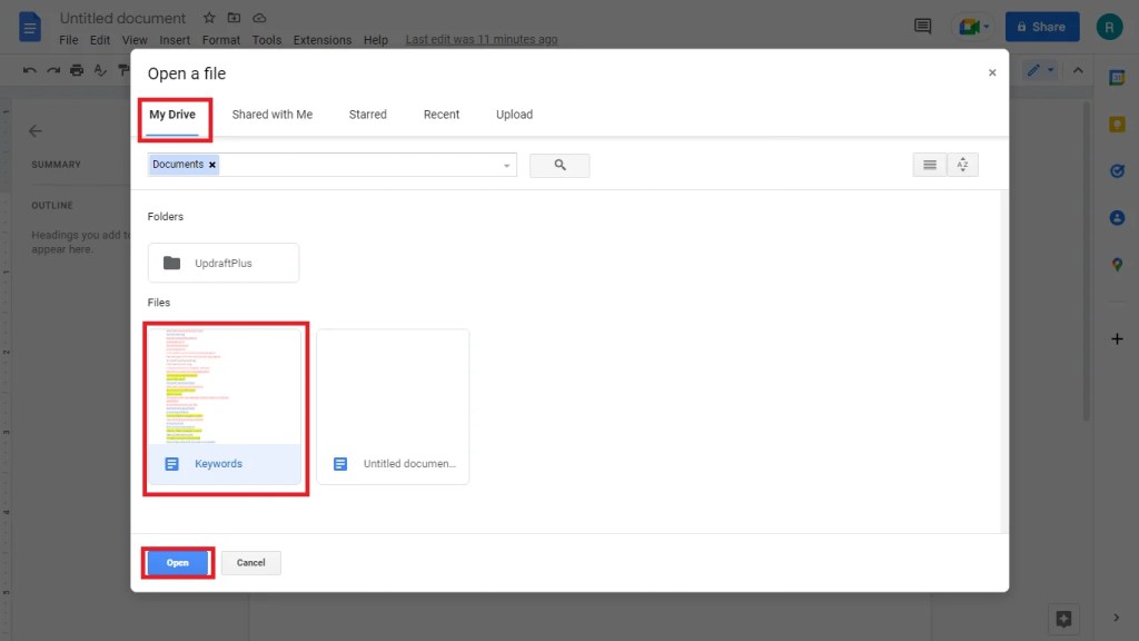 select a file to open in Google docs