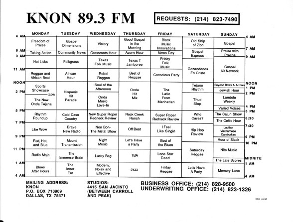 April 1, 1989 KNON Program Schedules