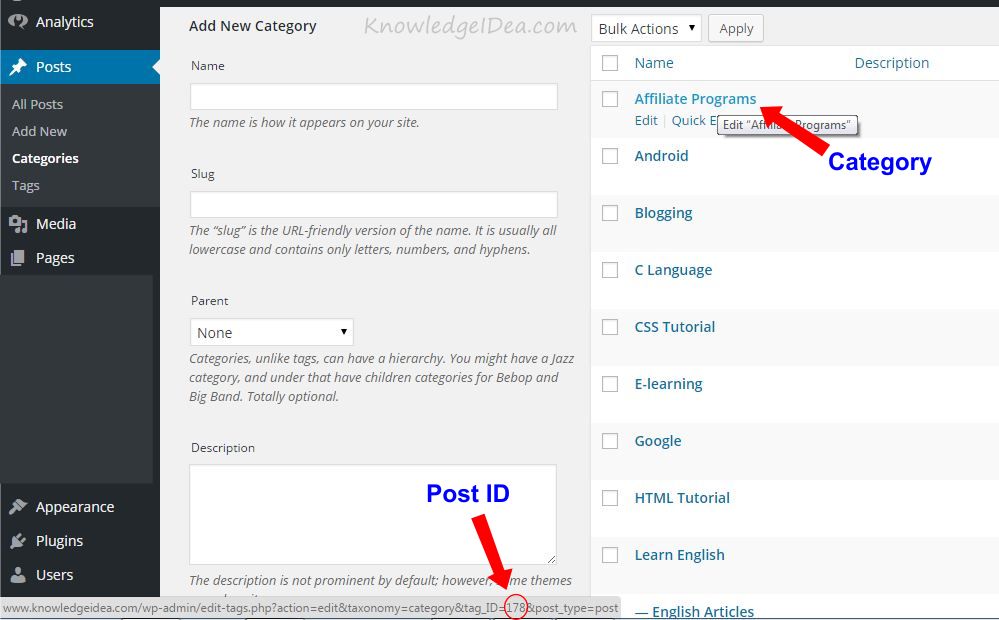 How to find media, category, and tag ids in wordpress; How To Find WordPress Post and Page ID Numbers - KnowledgeIDea