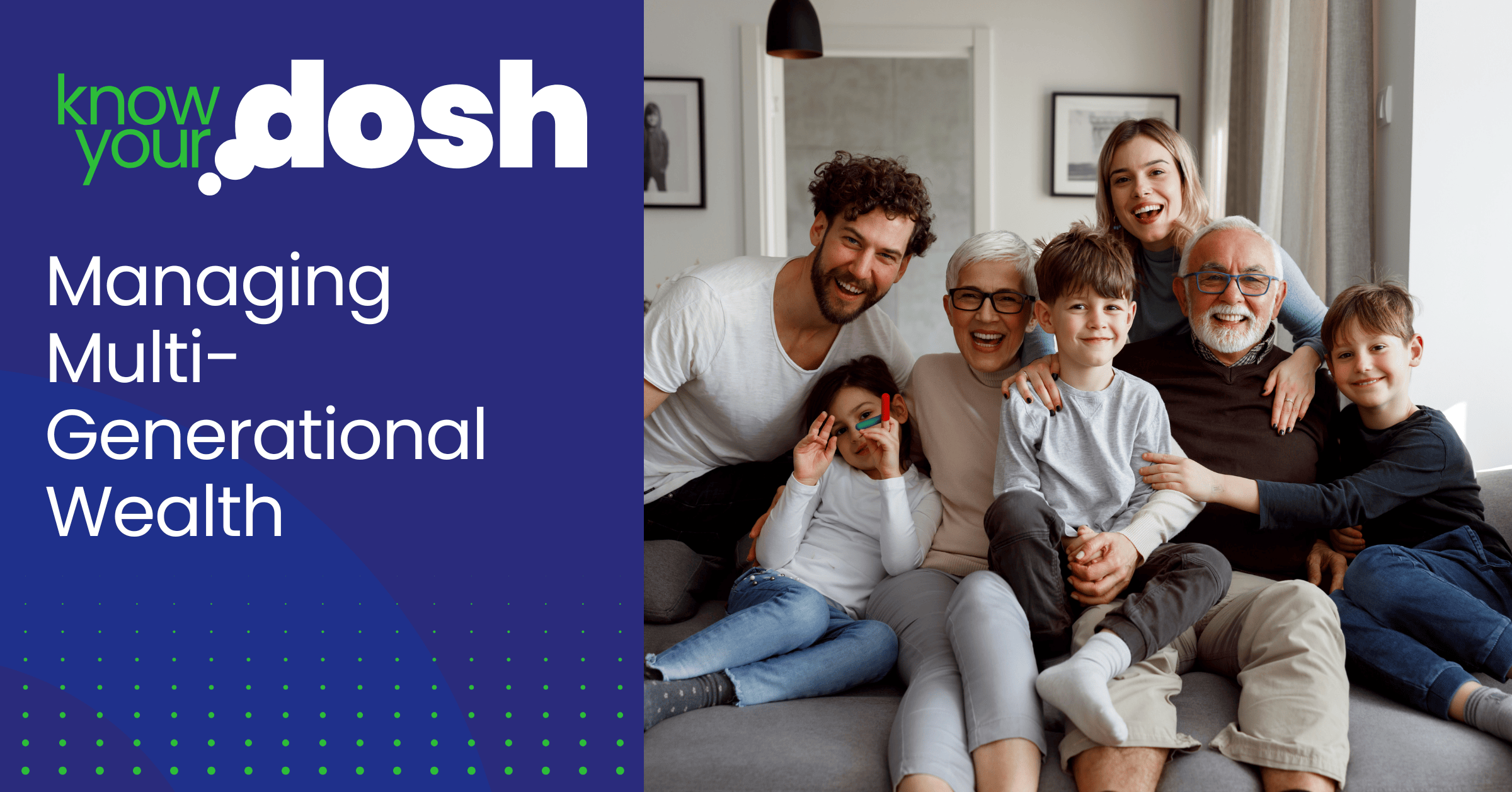 a happy family of three generations sitting on sofa together