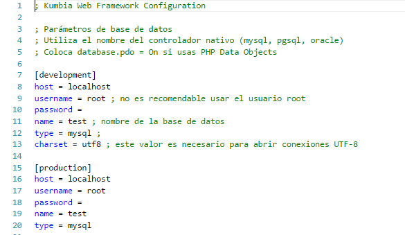 Archivo databases.ini de KumbiaPHP