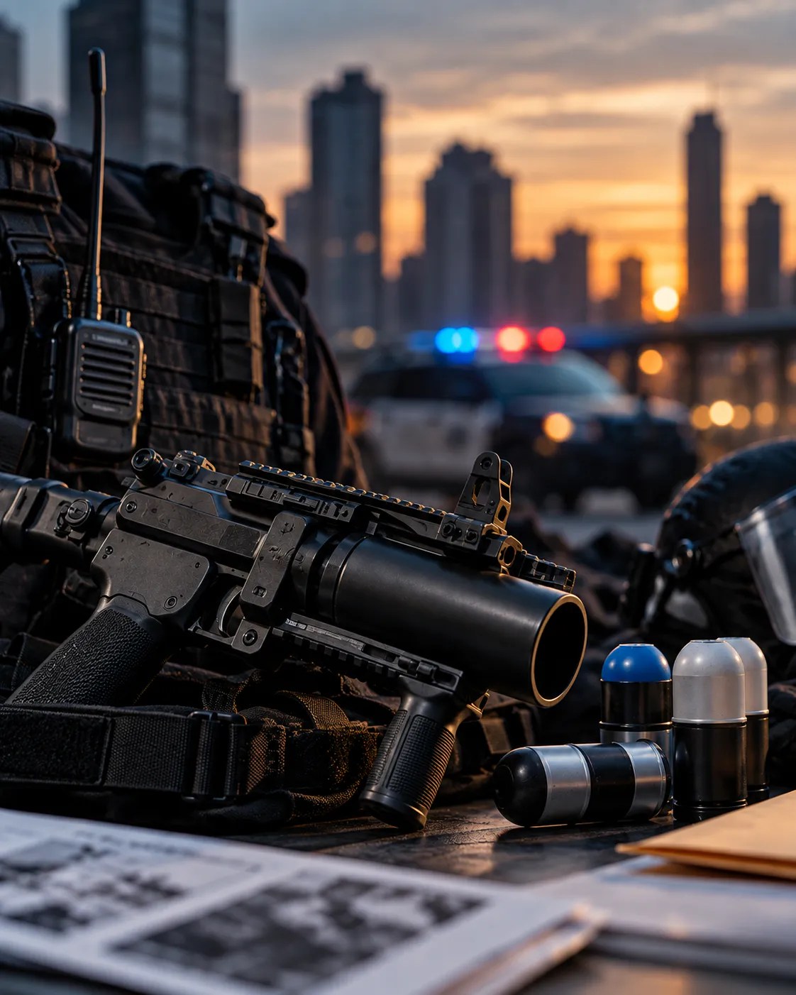 Less-lethal police launcher and projectiles displayed with tactical gear, with blurred police lights in the background2