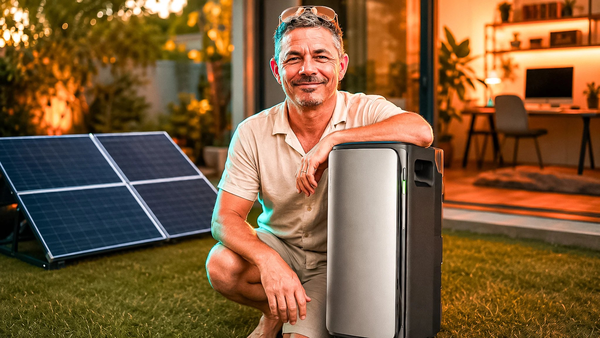 Test EcoFlow Stream Ultra : batterie de stockage solaire domestique posee dans un jardin avec panneau solaire au coucher du soleil