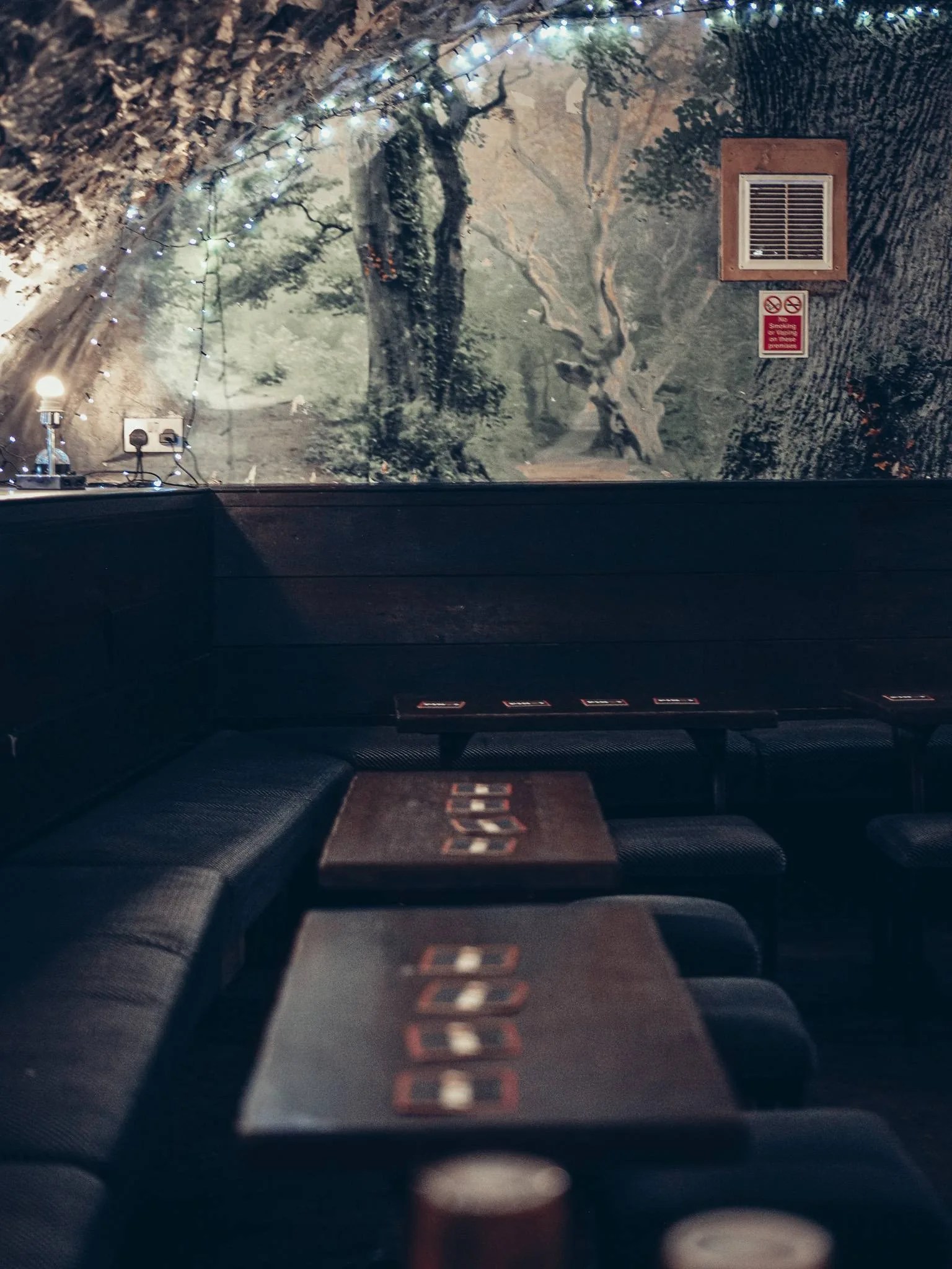 Coin banquette en penombre sous une voute de pierre au Settle Inn, a Stirling, tables de bois et guirlande lumineuse.