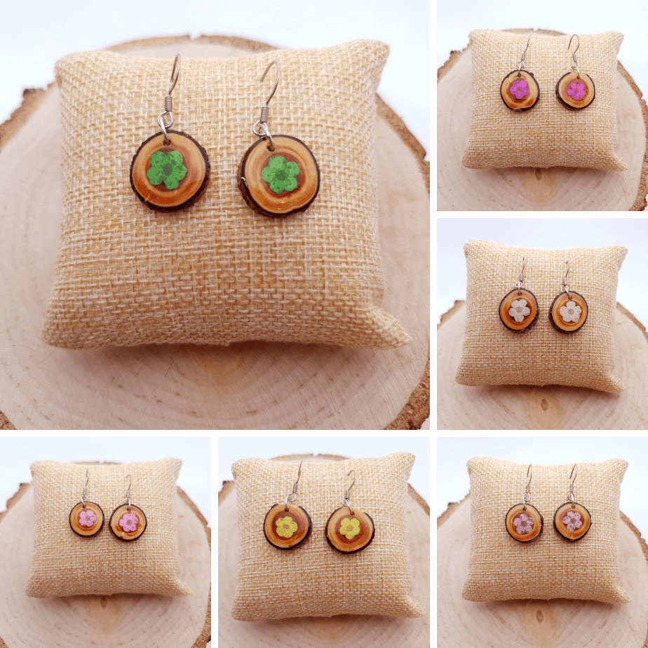 Boucles d'oreilles bois et fleurs séchées