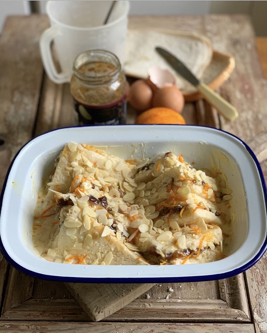 Mincemeat Bread and Butter Pudding - A delectable bread and butter pudding made with mincemeat, flaked almonds and orange zest.
