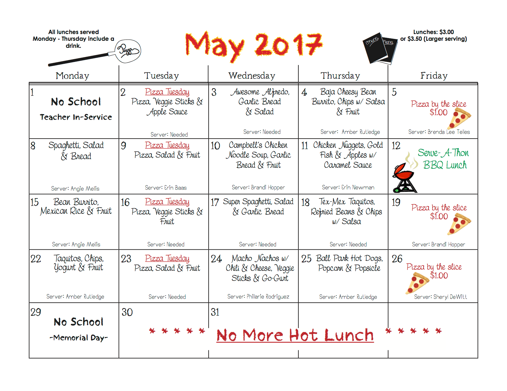 Hot Lunch Menu Country Christian School