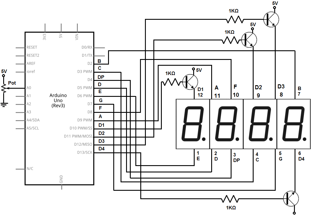 2 Digit 7 Segment Display Counter Circuit Using Arduino - Circuit Diagram