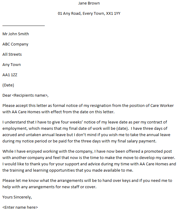 Care Worker Resignation Letter Example Learnist Org