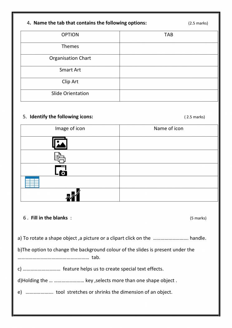 A worksheet on ms powerpoint for class 5