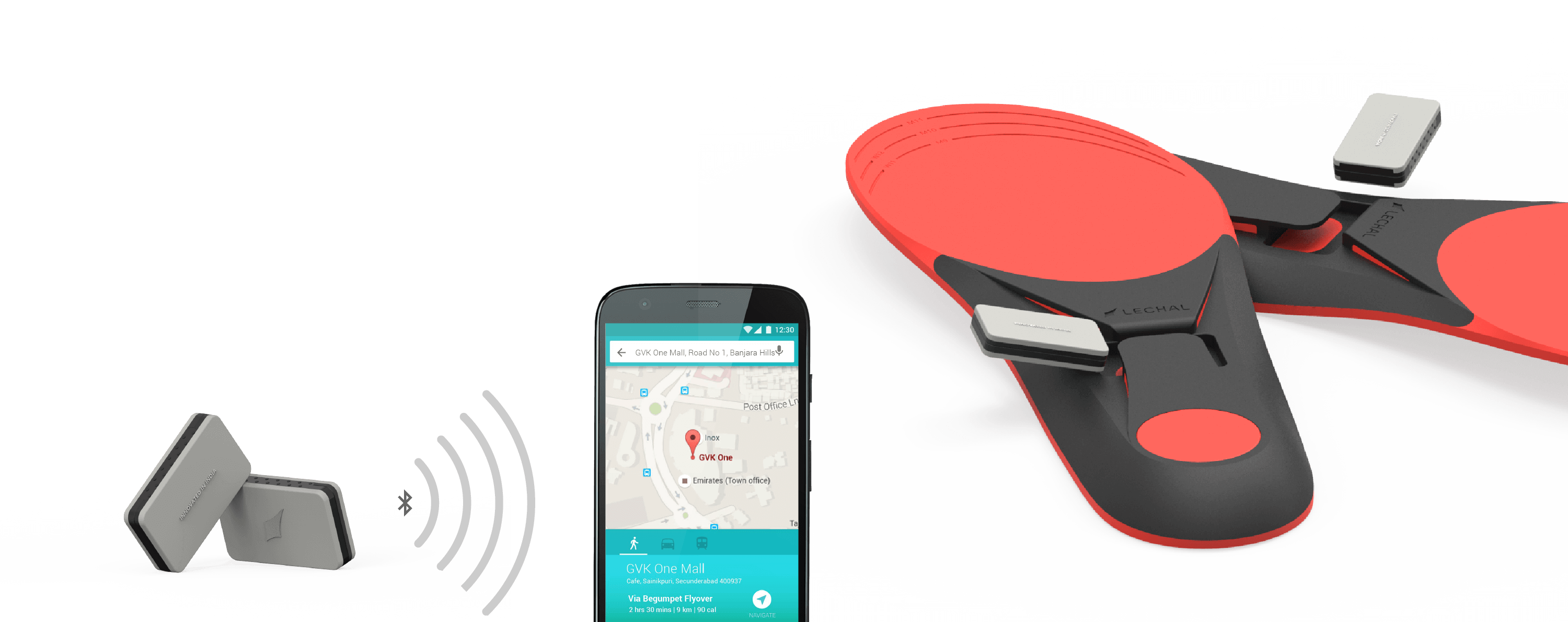 The Lechal pods connecting to the Lechal app via Bluetooth Smart.Lechal Mach Unisex Insoles with the Lechal pods being inserted into them