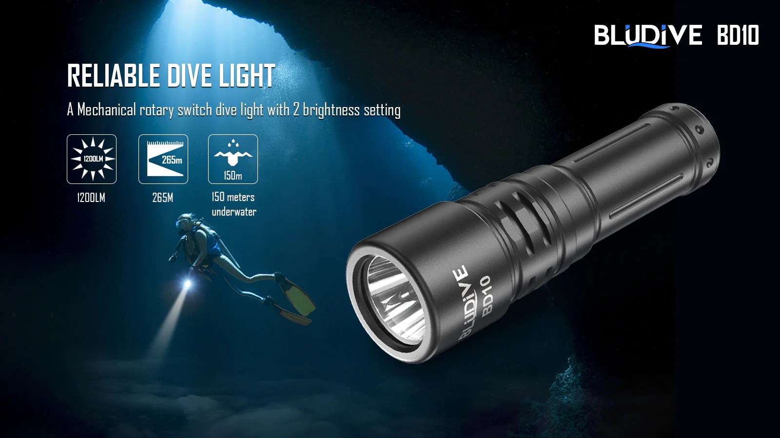 BluDive BD10 Diving Light with Rotary Switch - 1200 Lumens, 150 Metres Diving Depth