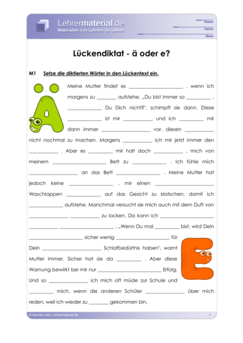 Ä oder e / äu oder eu. Arbeitsblatt Lückendiktat - ä oder e? | Lehrermaterial.de