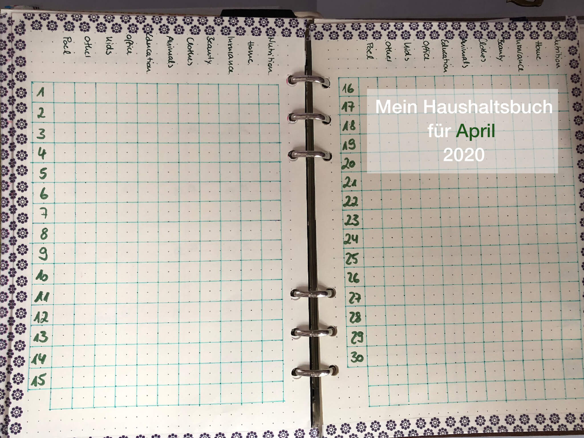 Mein Haushaltsbuch für April 2020. Hier habe ich Kategorien wie Nahrung, Haushalt, Versicherungen, Tiere, Kinder, Beauty, Kleidung, Büro, Bildung, die Ferienwohnung und Sonstiges eingerichtet.