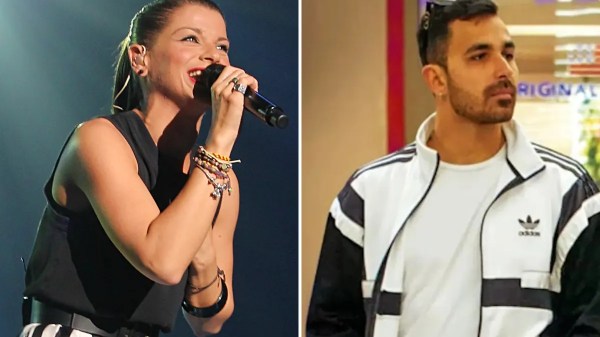 Alessandra Amoroso che canta sul palco e Valerio Pastore con giacca sportiva, simbolo della loro storia d’amore e complicità.