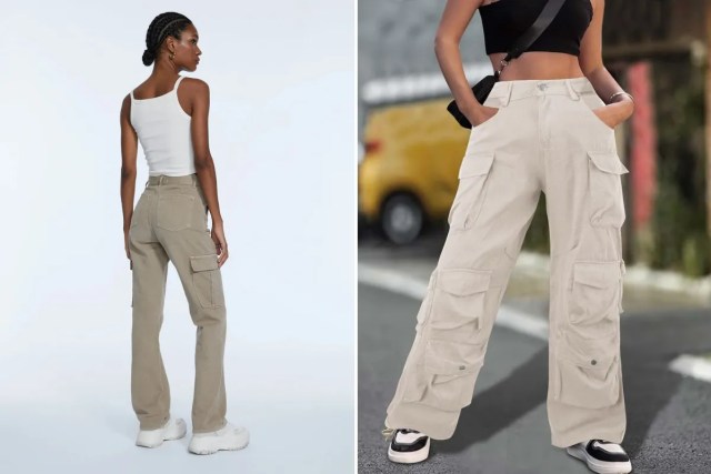 Due modelli di pantaloni cargo beige da donna: a sinistra taglio dritto, a destra modello largo con molte tasche.
