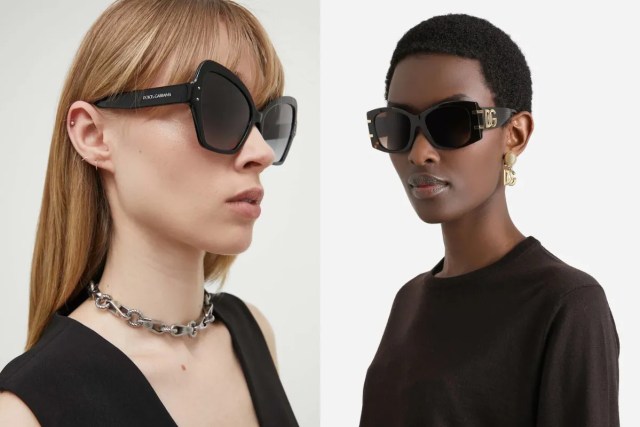 Due donne indossano occhiali da sole Dolce & Gabbana neri con dettagli dorati e design moderno.