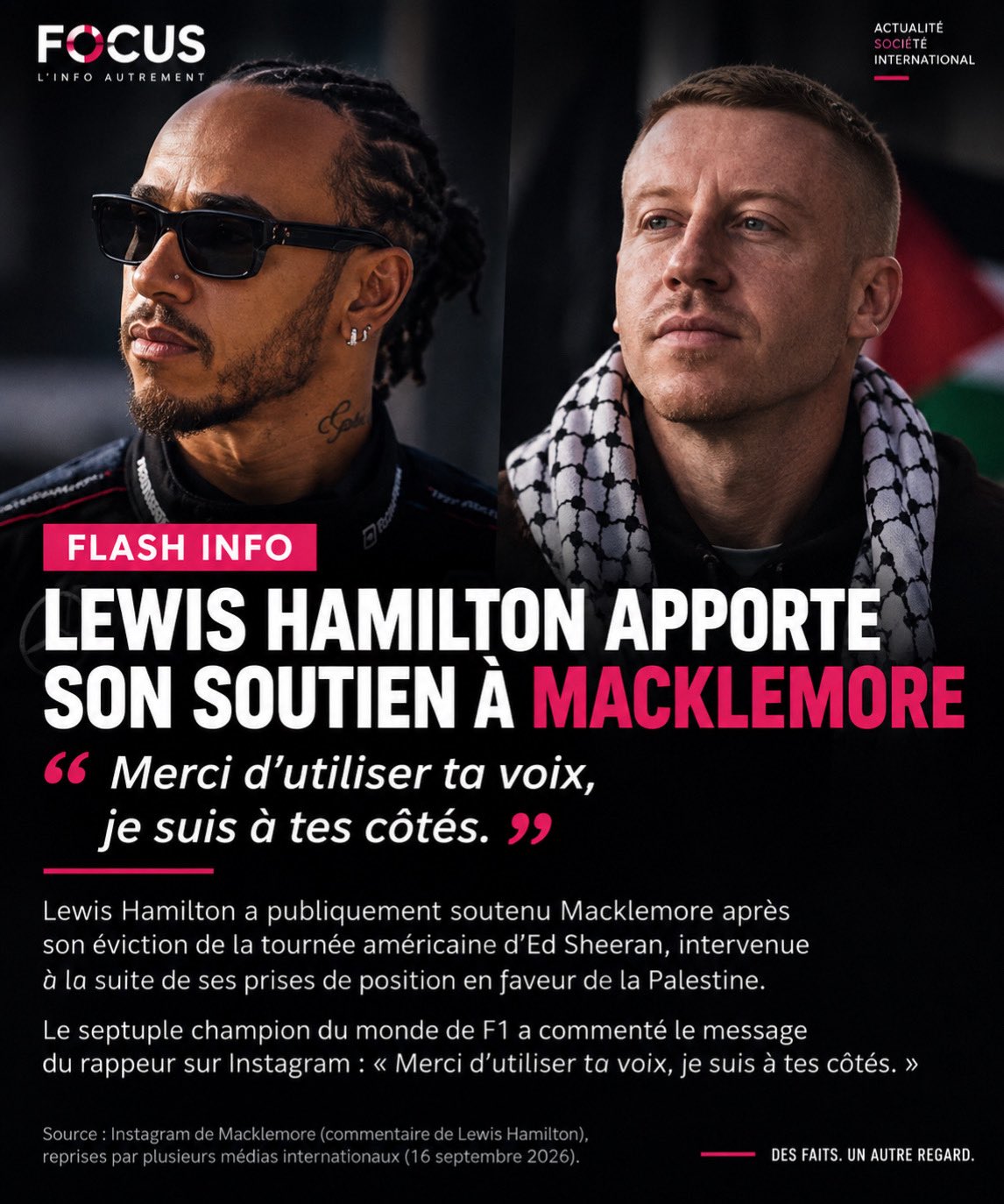 Le champion de Formule 1 Lewis Hamilton soutient Macklemore après son éviction de la tournée d’Ed Sheeran
