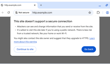 Avertissement de sécurité de Chrome affiché sur un site non sécurisé en HTTP, avec les boutons Continuer et Revenir en arrière