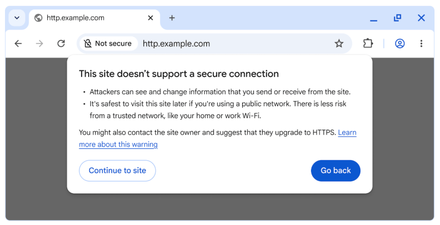 Avertissement de sécurité de Chrome affiché sur un site non sécurisé en HTTP, avec les boutons Continuer et Revenir en arrière