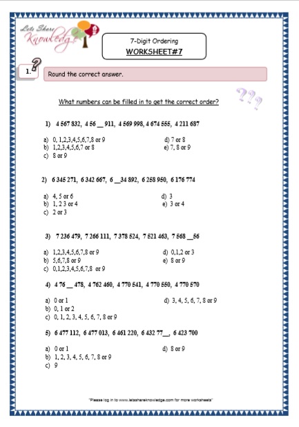 grade 5 maths resources 7 digit ordering printable worksheets lets