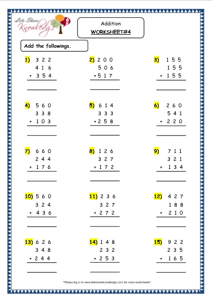 grade 4 maths resources 1 4 1 addition of 3 digit numbers with more than 2 addends printable worksheets lets share knowledge