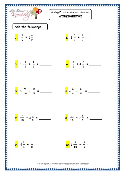 grade 4 maths resources 2 4 4 adding fractions and mixed numbers printable worksheets lets share knowledge