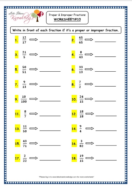 grade 4 maths resources 2 1 proper and improper fractions printable worksheets lets share knowledge