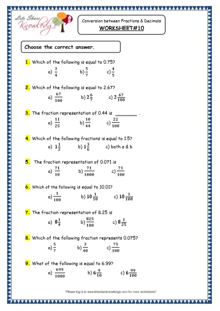 grade 4 maths resources 3 2 conversion between fractions and decimals printable worksheets lets share knowledge
