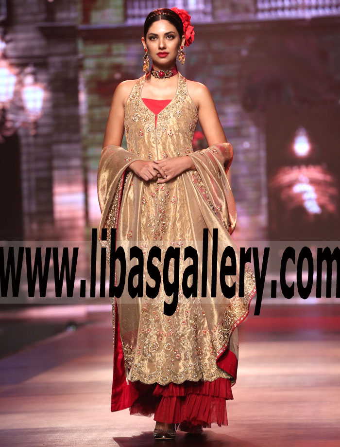 Yasmin Zaman Shimmering Heavy Embellished Gold Dress With Red Lehenga For Wedding Guest And Special Occasion Stockholm Sweden Lehenga Pakistan Shop Pakistani Indian Bridal Wear Online Bridal Outfits Retail Store Wedding Bride Groom