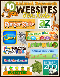 A collage of ten free animal research websites for kids including AtoZ Animals, Active Wild, Animal Fact Guide, Ranger Rick, Ducksters, Facts Just for Kids, National Geographic for Kids, San Diego Zoo for Kids, Soft Schools, and the Smithsonian National Zoo