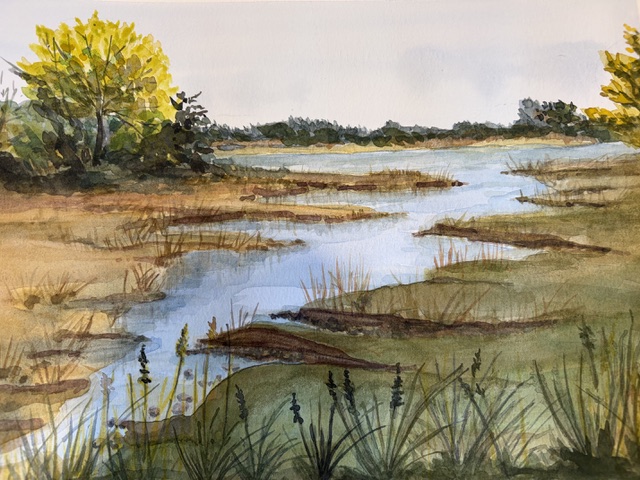 "Estuary, Barrington 7/2026," 9x12”, Watercolor on 140 lb. Arches from photo on a too hot day inside – NFS