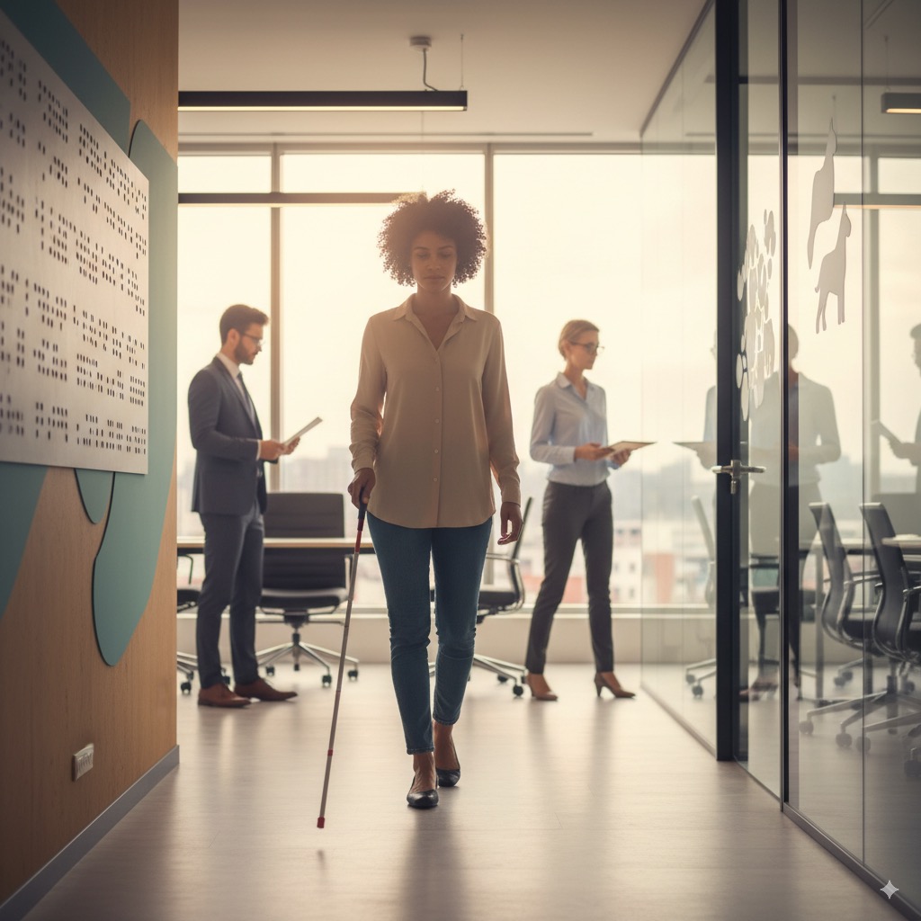 An image of an office environment showing a woman walking with a white cane down a hallway.