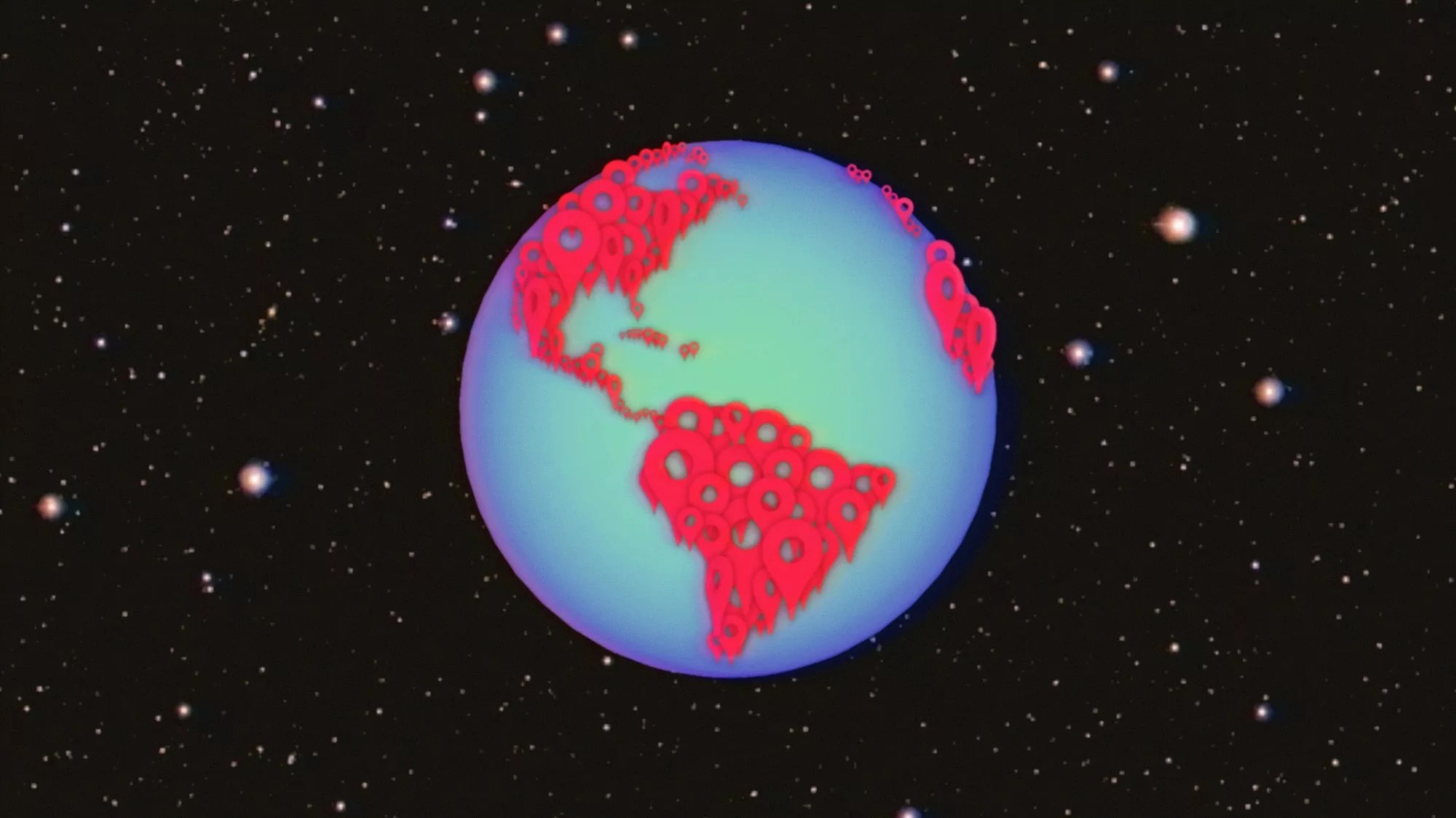 Illustration of Earth in space with red map pin icons forming the shapes of the continents on a blue and green globe.