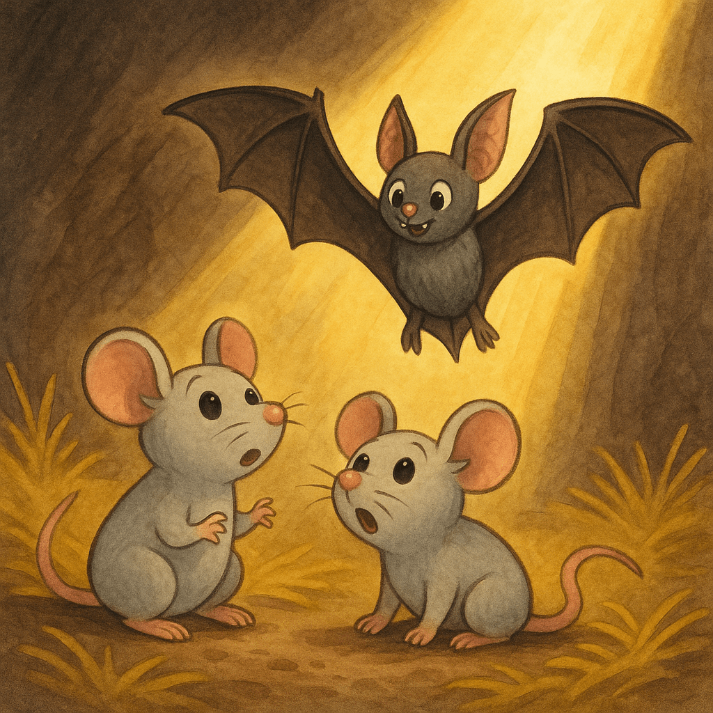 Deux souris voient passer une chauve-souris: « Regarde, un ange ! »