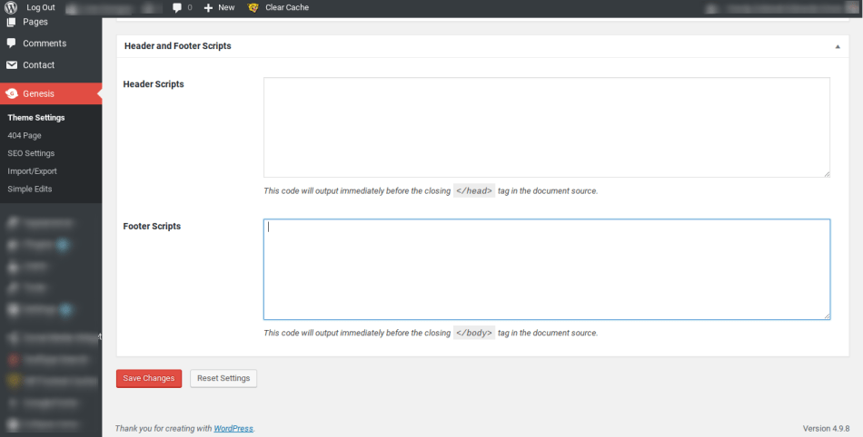 Genesis framework Theme Options displaying header and footer text boxes.