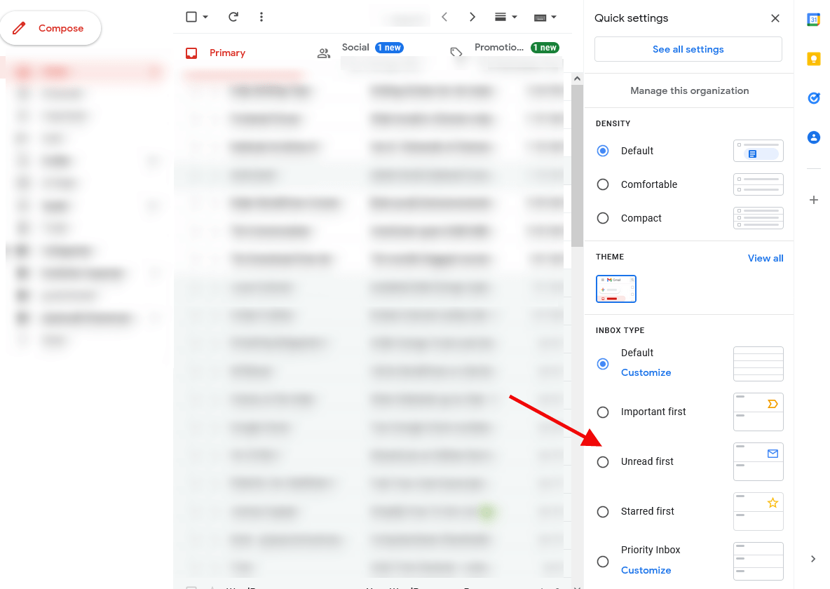 Gmail interface showing Quick settings column with options to change inbox layout.
