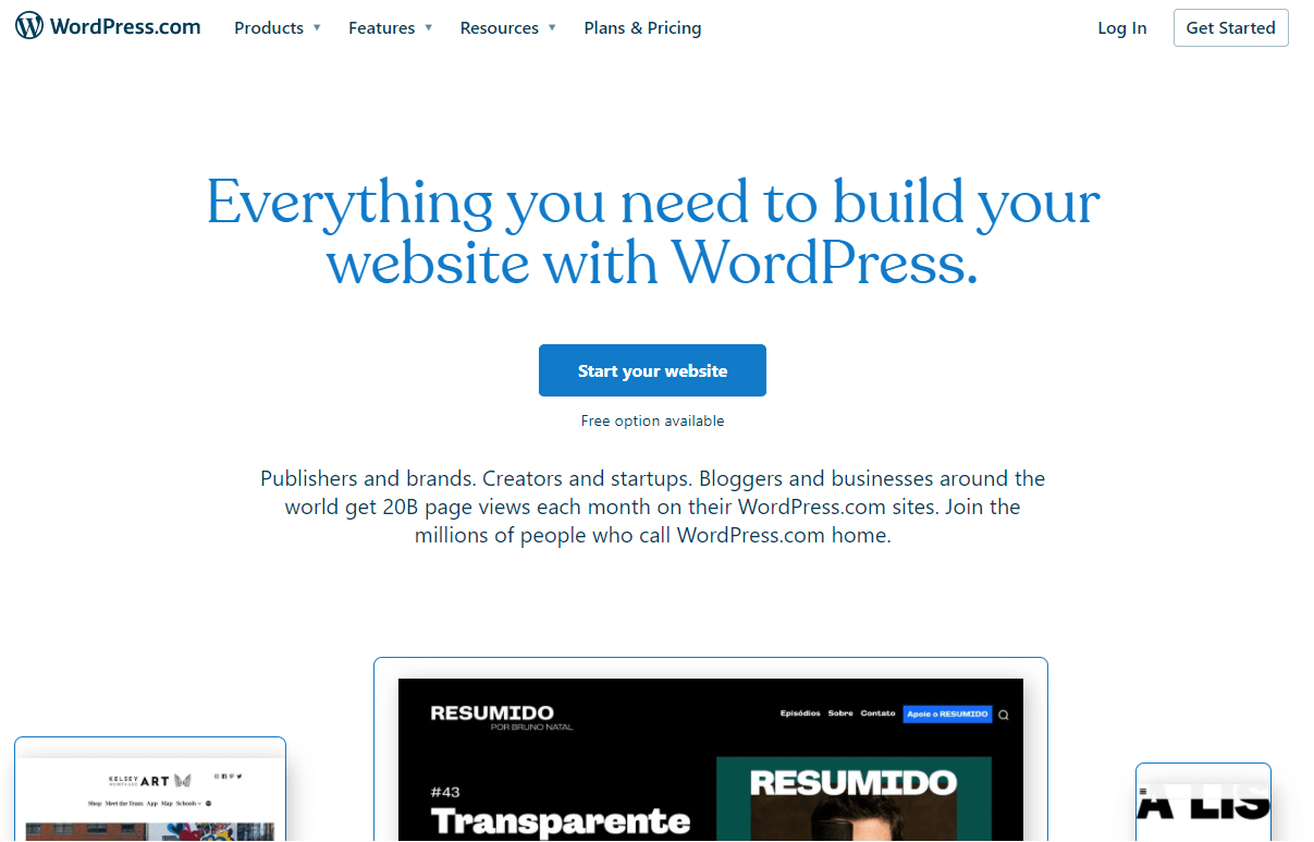 Hosted WordPress dot com home page as of February 2022, highlighting everything you need to build your website with WordPress with a call to action button to start your website..