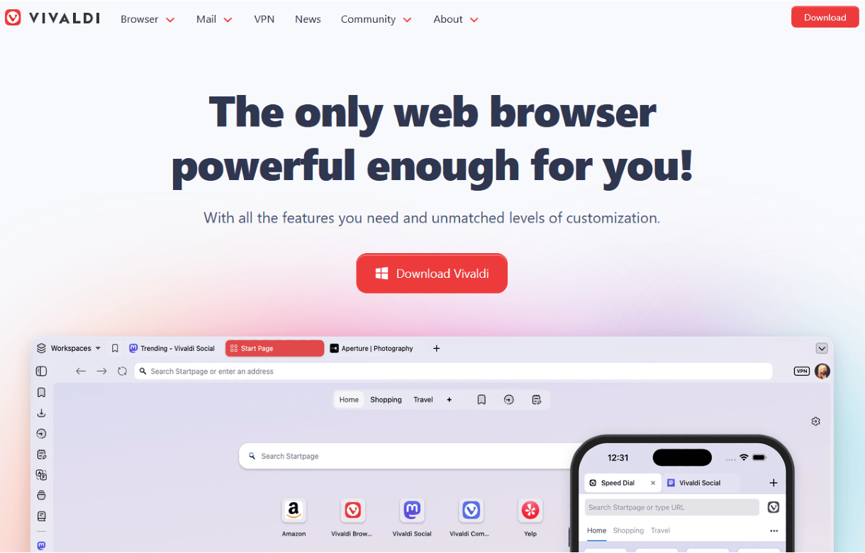 Vivaldi home page screenshot with banner text, The only web browser powerful enough for you along with a large red button to download Vivaldi.