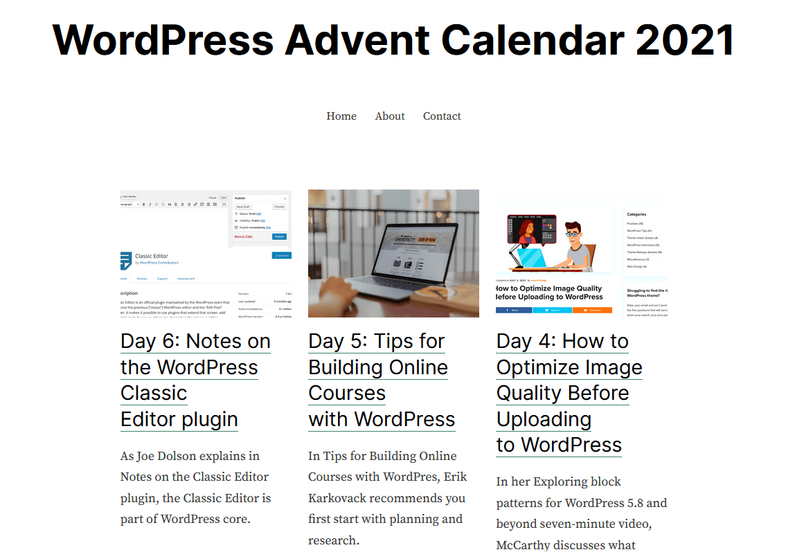 WordPress Advent Calendar showing three recent posts in a grid with thumbnail image and short description.