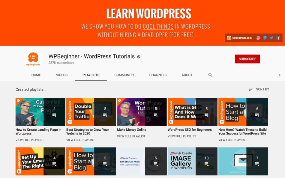 YouTube playlists of WP Beginner WordPress Tutorials.