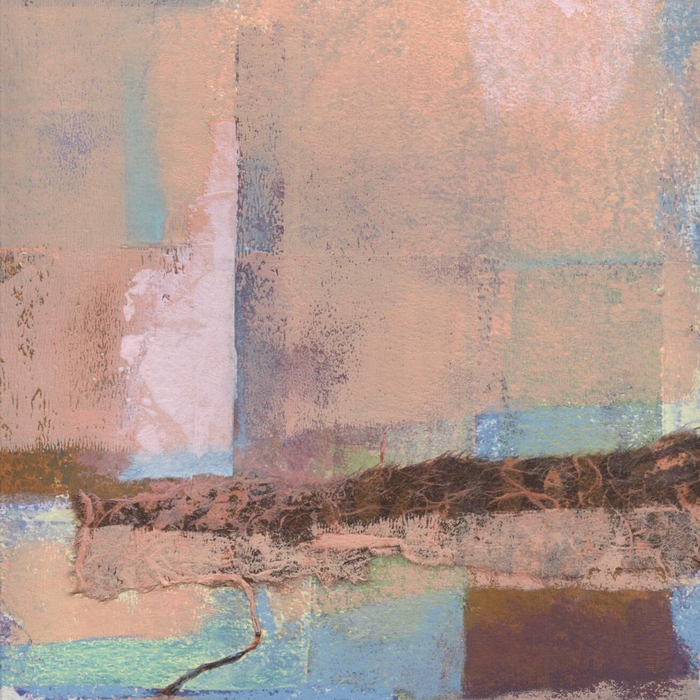 Collage of paper and paint, in peach, brown, and teal, depicting an abstracted horizon line.