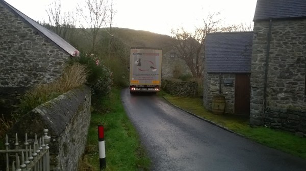 Subrt Transport lorry stuck in Cwm Mabws, Llanrhystud, Ceredigion.