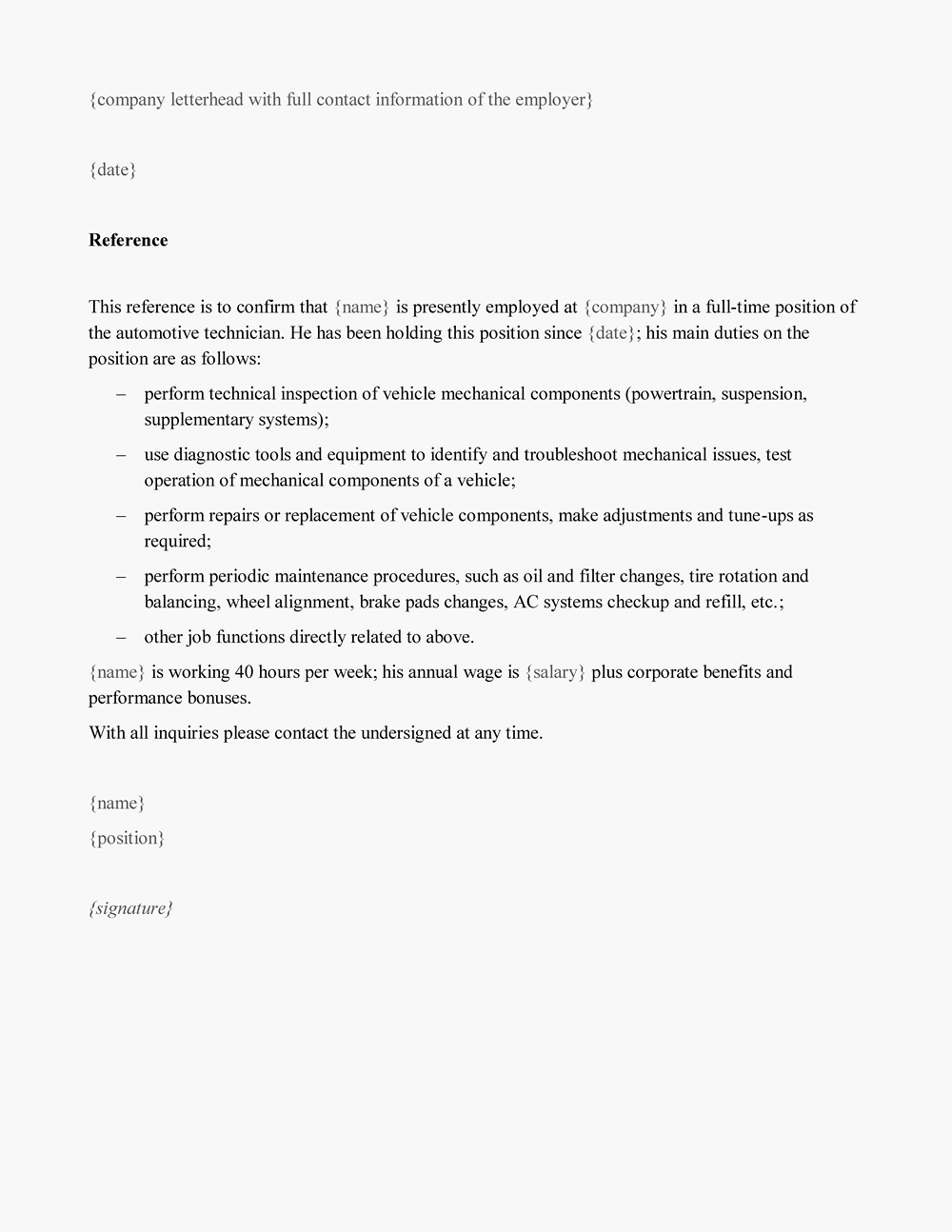 Sample Employment Reference For Automotive Technician Lp Group