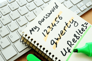 Image of a physical spiral bound notebook with weak and strong passwords written down.