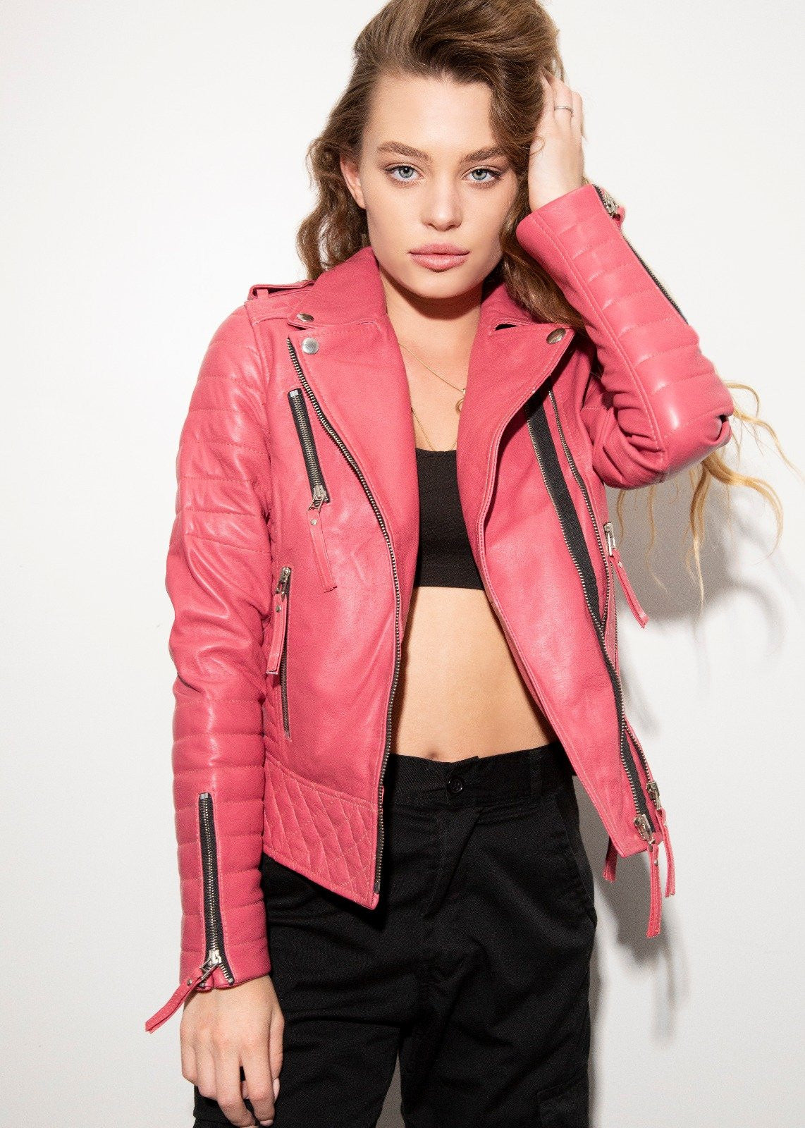 Womens Quilted Leather Motorcycle Jacket Pink Fashion