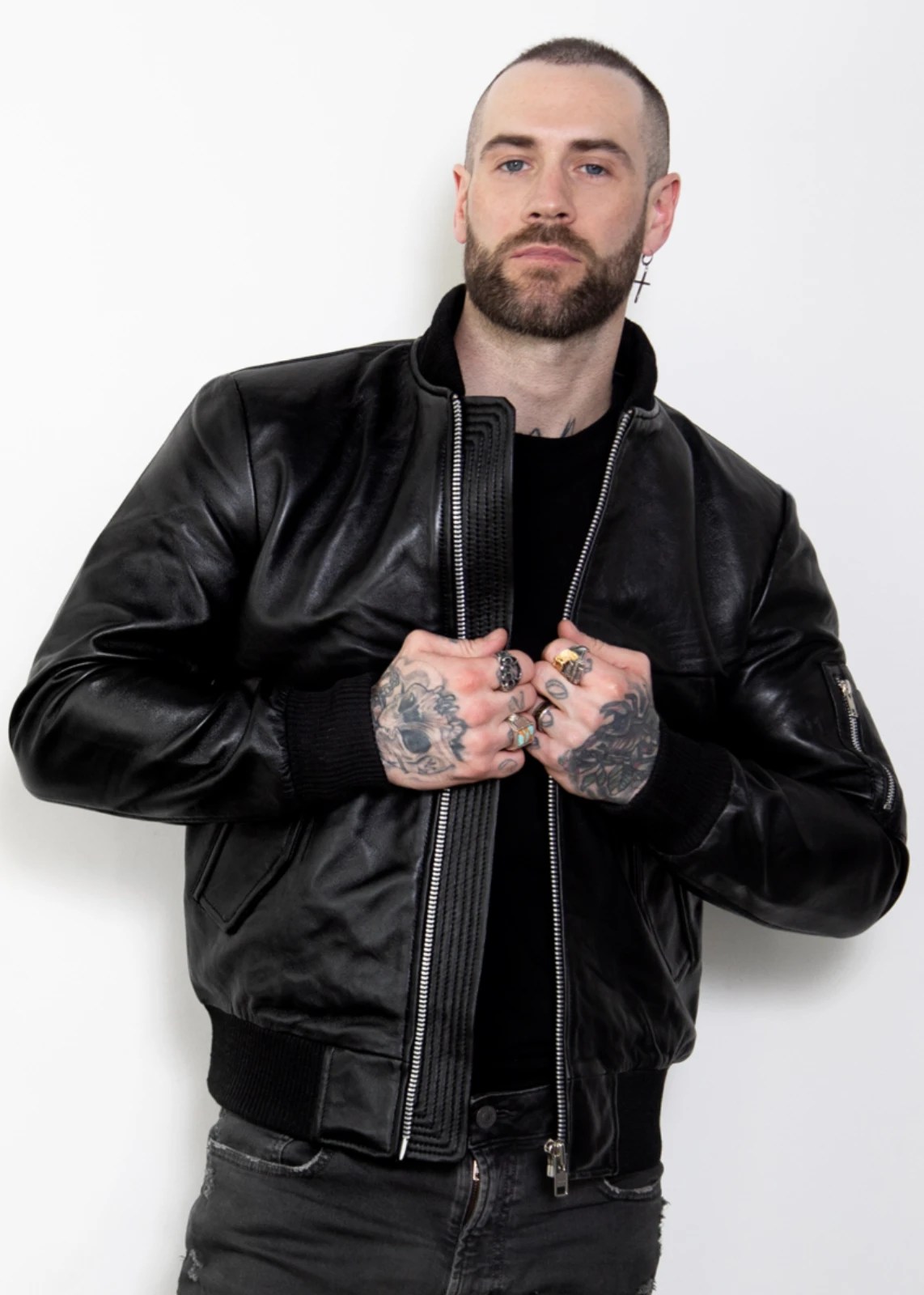 mens designer black bomber leather jacket