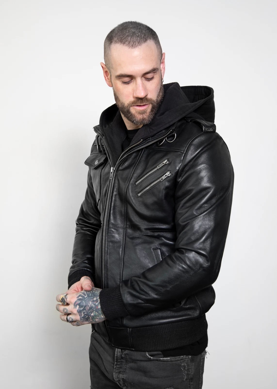 mens biker hoodie leather jacket onyx black